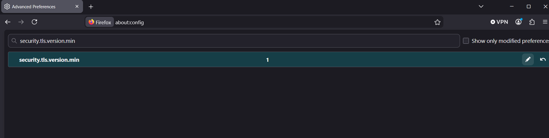 Firefox about:config showing security.tls.version.min set to 1